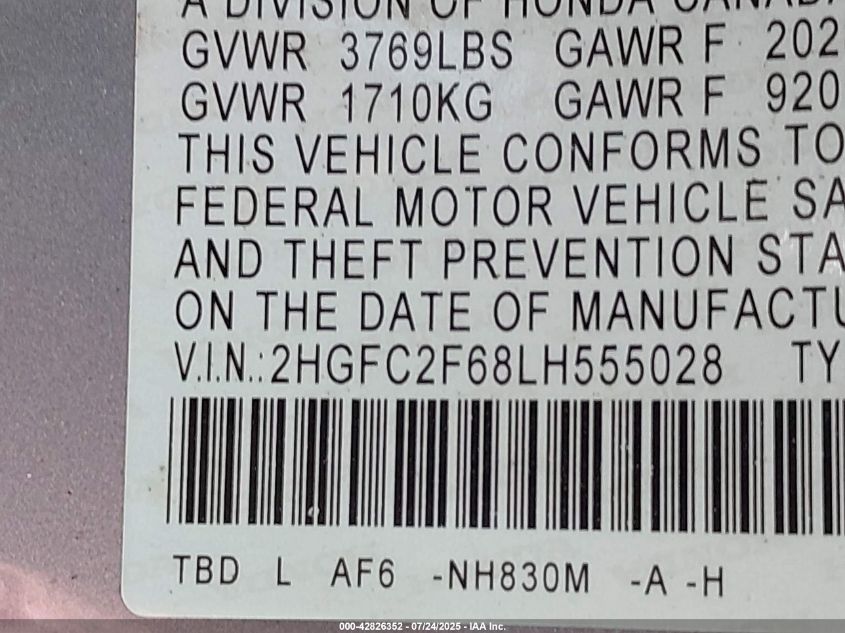 2020 Honda Civic Lx VIN: 2HGFC2F68LH555028 Lot: 42826352