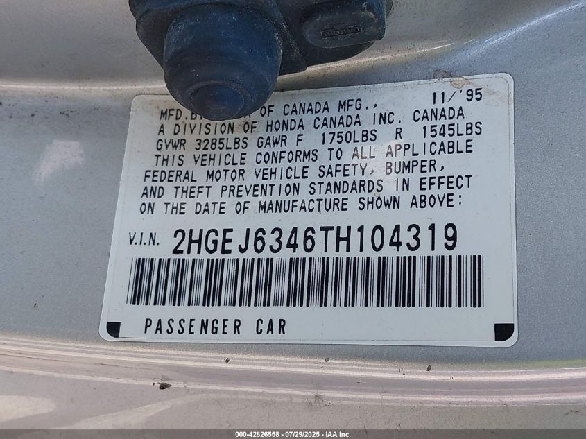 1996 Honda Civic Dx VIN: 2HGEJ6346TH104319 Lot: 42826558