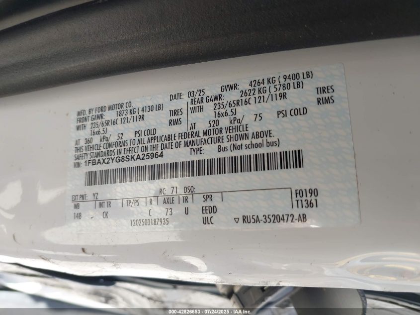 2025 Ford Transit-350 Passenger Van Xlt VIN: 1FBAX2YG8SKA25964 Lot: 42826653