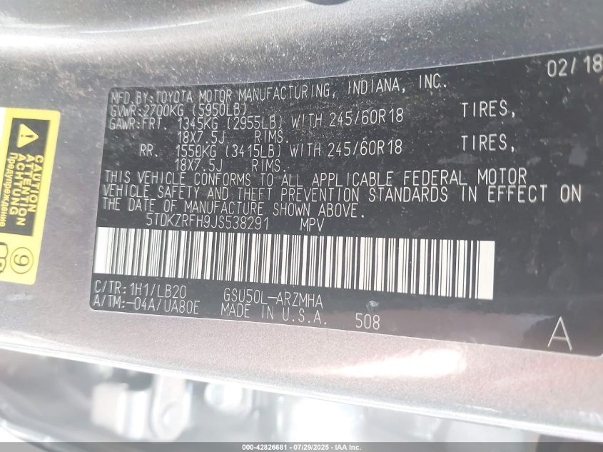 2018 Toyota Highlander Xle VIN: 5TDKZRFH9JS538291 Lot: 42826681