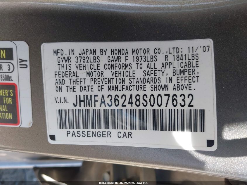 2008 Honda Civic Hybrid VIN: JHMFA36248S007632 Lot: 42826816