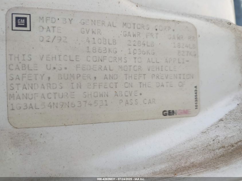 1992 Oldsmobile Cutlass Ciera S VIN: 1G3AL54N9N6374531 Lot: 42826831