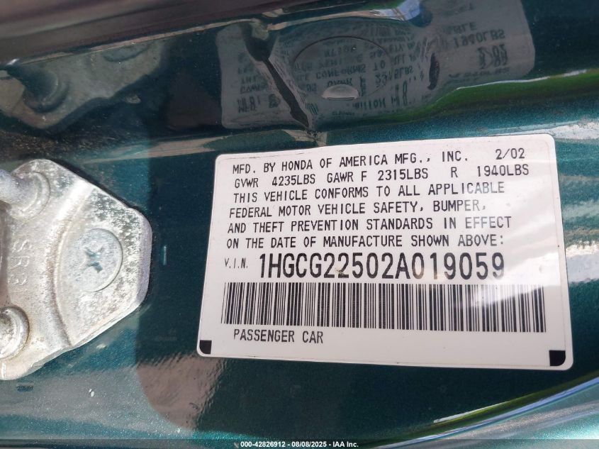 2002 Honda Accord 3.0 Ex VIN: 1HGCG22502A019059 Lot: 42826912