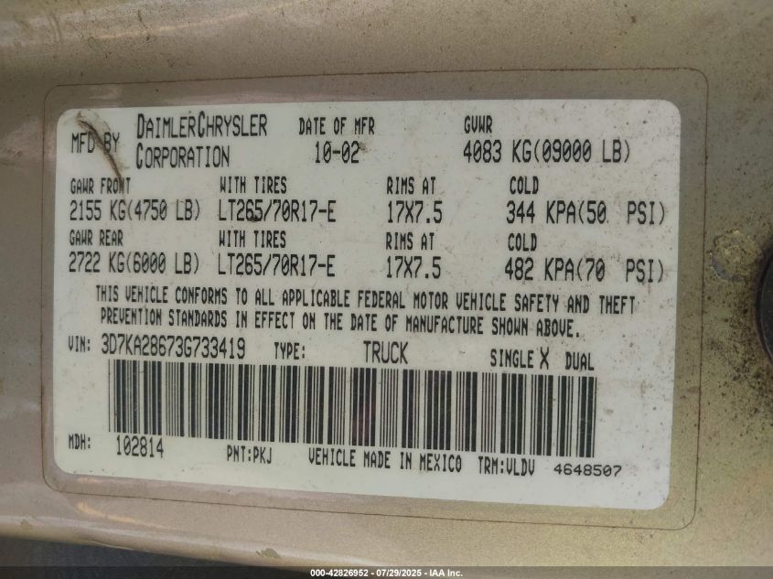 2003 Dodge Ram 2500 Slt/Laramie/St VIN: 3D7KA28673G733419 Lot: 42826952