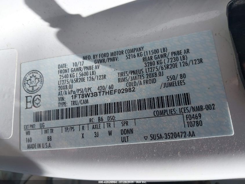 2017 Ford F-350 Platinum VIN: 1FT8W3BT7HEF02982 Lot: 42826964