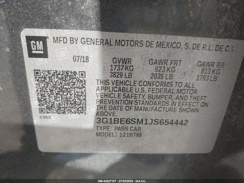 2018 Chevrolet Cruze Lt Auto VIN: 3G1BE6SM1JS654442 Lot: 42827187