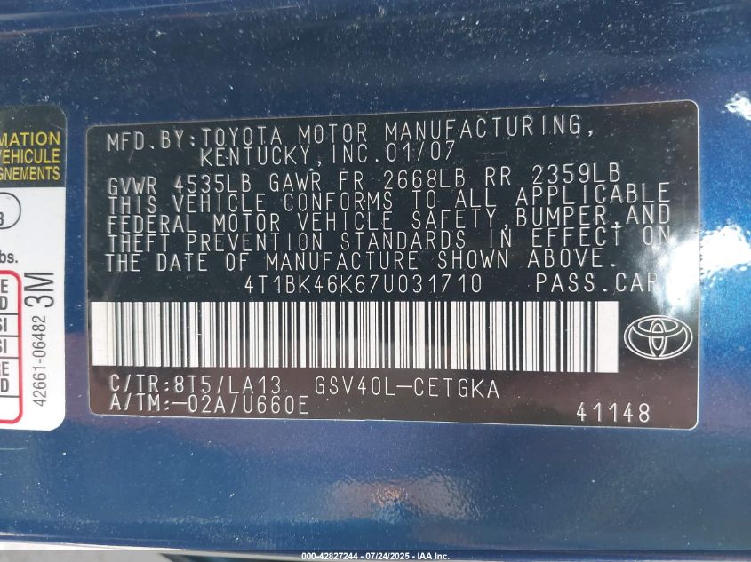 2007 Toyota Camry Xle V6 VIN: 4T1BK46K67U031710 Lot: 42827244