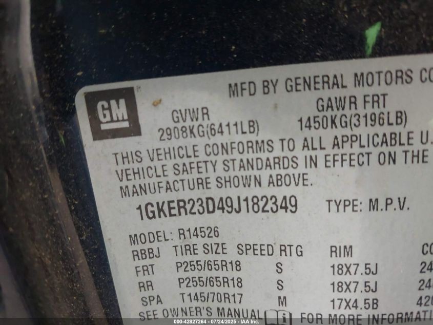 2009 GMC Acadia Slt-1 VIN: 1GKER23D49J182349 Lot: 42827264