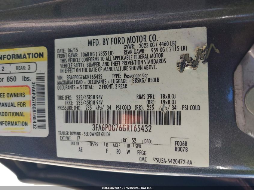 2016 Ford Fusion S VIN: 3FA6P0G76GR165432 Lot: 42827317