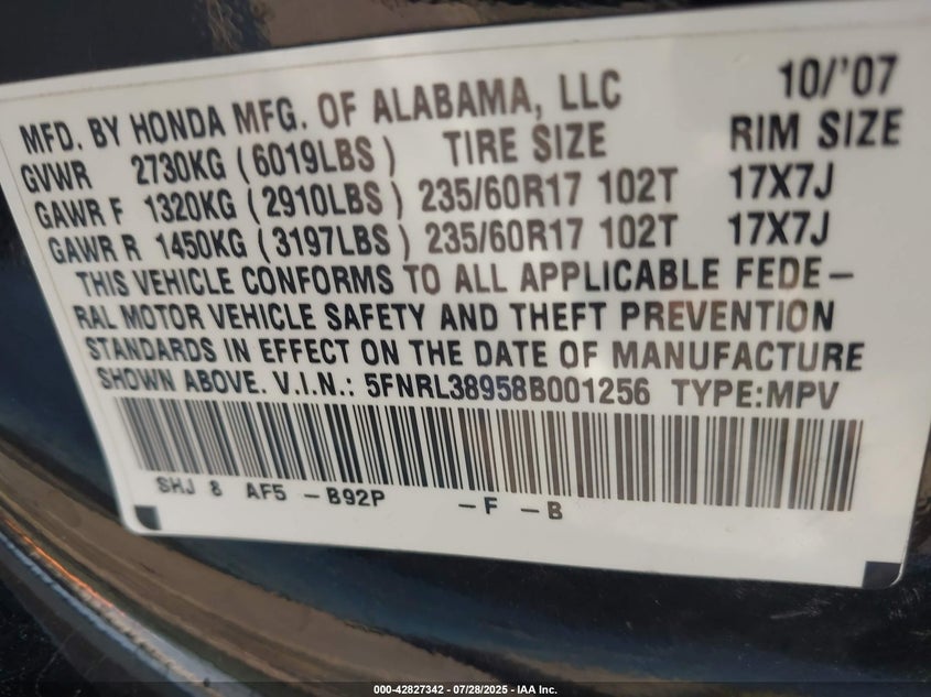 2008 Honda Odyssey Touring VIN: 5FNRL38958B001256 Lot: 42827342