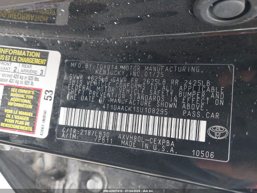 2025 Toyota Camry Xse VIN: 4T1DAACK1SU108295 Lot: 42827410