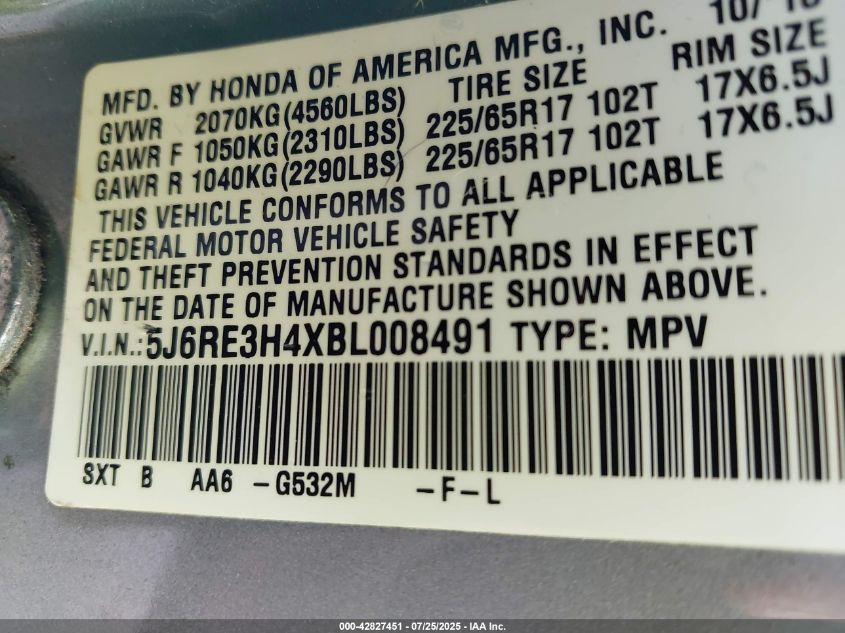 2011 Honda Cr-V Se VIN: 5J6RE3H4XBL008491 Lot: 42827451