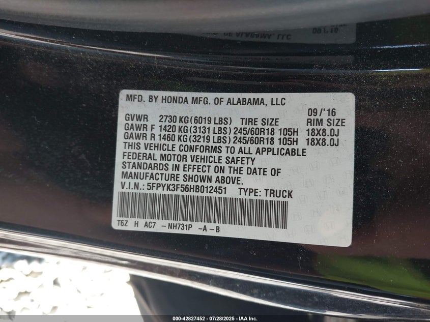 2017 Honda Ridgeline 3.5 Rtl Other Lot 111042827452 Vin 5FPYK3F56HB012451