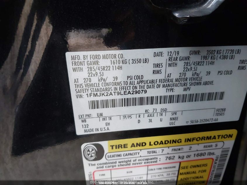 2020 Ford Expedition Limited Max VIN: 1FMJK2AT9LEA29079 Lot: 42827552