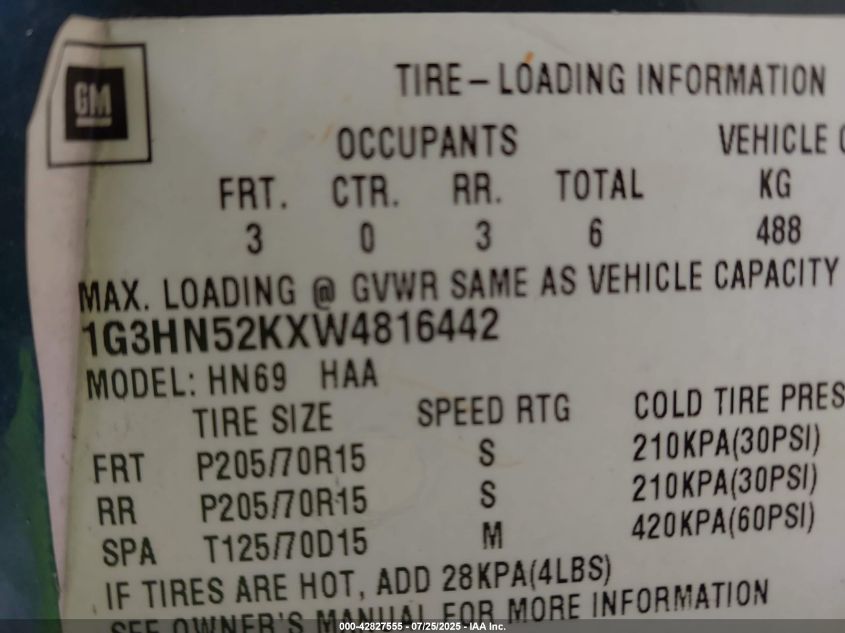 1998 Oldsmobile Eighty-Eight VIN: 1G3HN52KXW4816442 Lot: 42827555