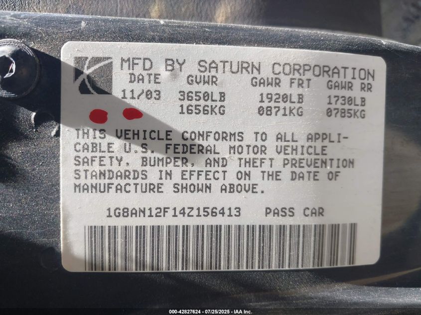 2004 Saturn Ion 2 VIN: 1G8AN12F14Z156413 Lot: 42827624