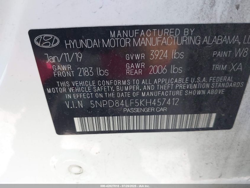 2019 Hyundai Elantra Sel VIN: 5NPD84LF5KH457412 Lot: 42827818