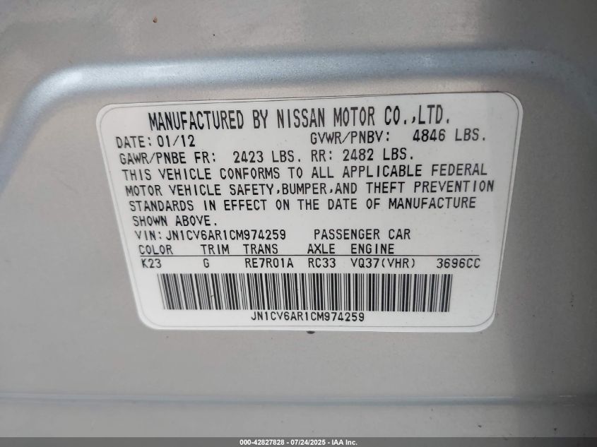 2012 Infiniti G37X VIN: JN1CV6AR1CM974259 Lot: 42827828