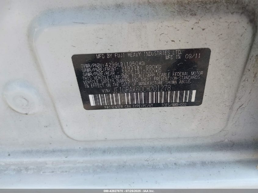 2012 Subaru Impreza 2.0I Premium VIN: JF1GJAC66CH019634 Lot: 42827870