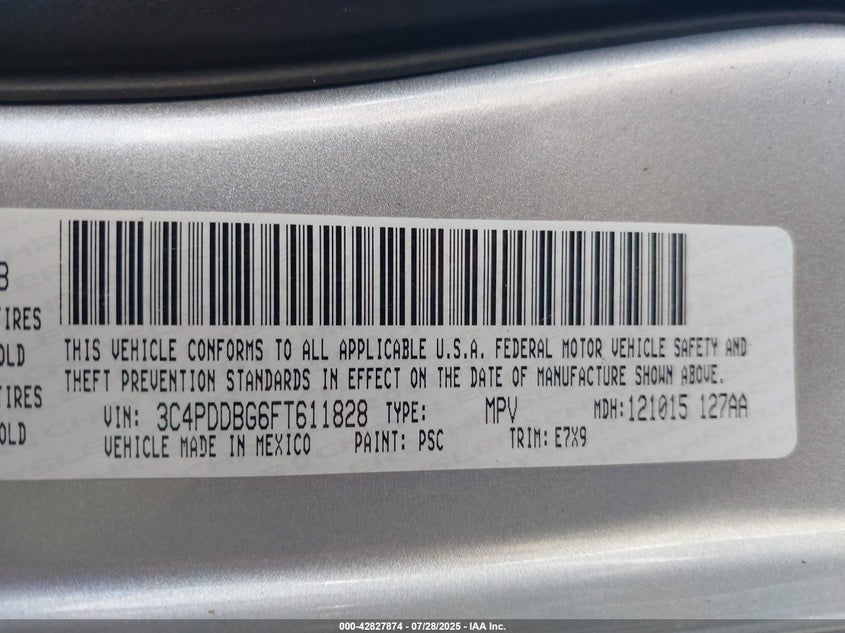 2015 Dodge Journey Sxt VIN: 3C4PDDBG6FT611828 Lot: 37981284