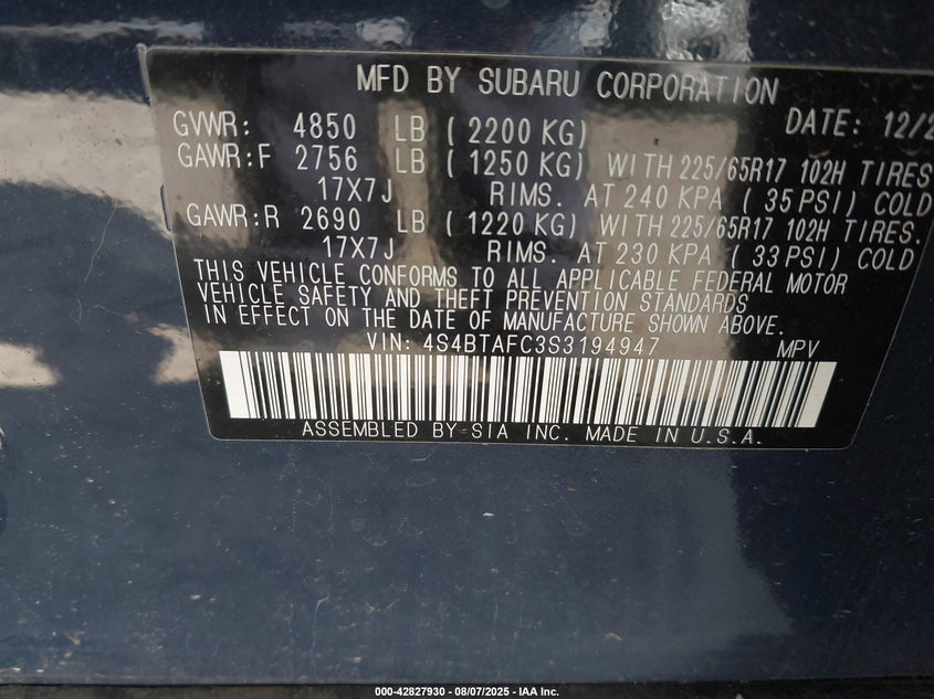 2025 SUBARU OUTBACK PREMIUM 4S4BTAFC3S3194947