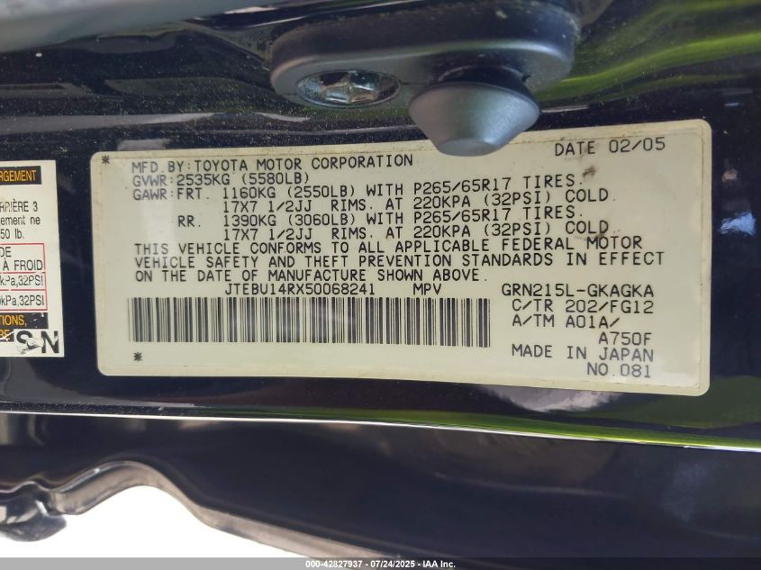 2005 Toyota 4Runner Sr5 V6 VIN: JTEBU14RX50068241 Lot: 42827937