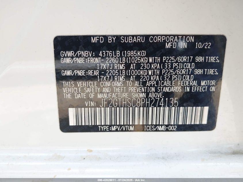 2023 Subaru Crosstrek Sport VIN: JF2GTHSC8PH274135 Lot: 42828011