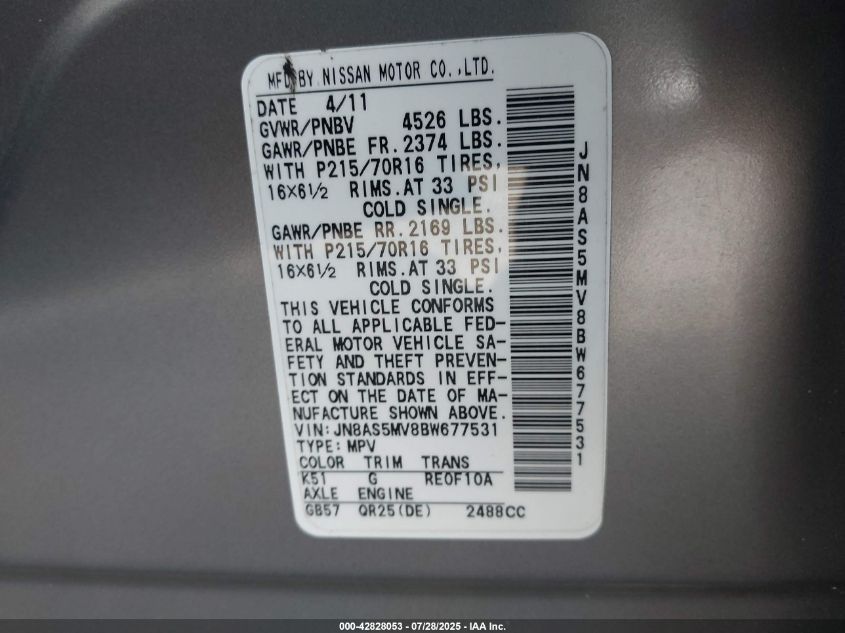 2011 Nissan Rogue S VIN: JN8AS5MV8BW677531 Lot: 42828053