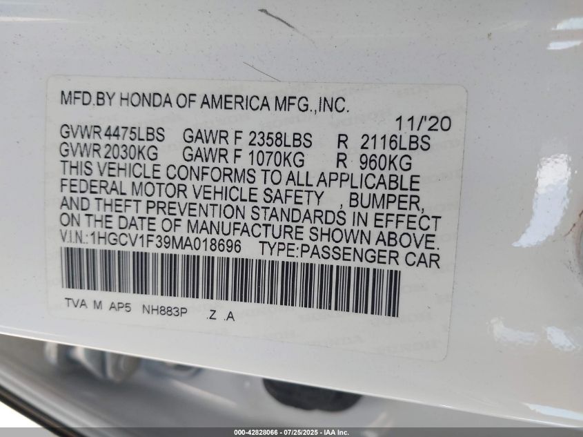 2021 Honda Accord Sport VIN: 1HGCV1F39MA018696 Lot: 42828066