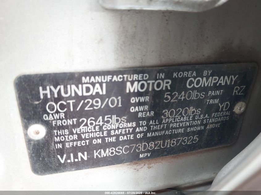 2002 Hyundai Santa Fe Gls/Lx VIN: KM8SC73D82U187325 Lot: 42828065