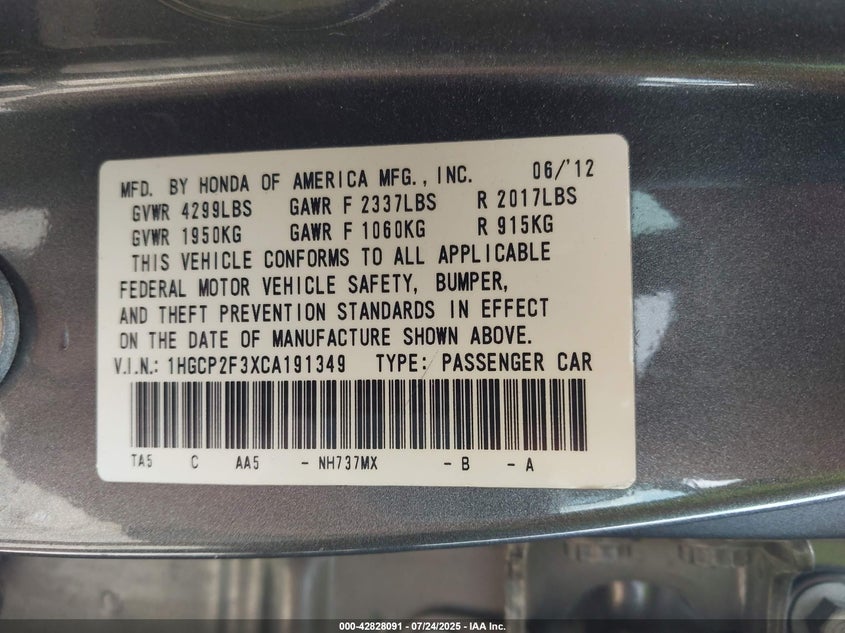 2012 Honda Accord 2.4 Lx VIN: 1HGCP2F3XCA191349 Lot: 42828091