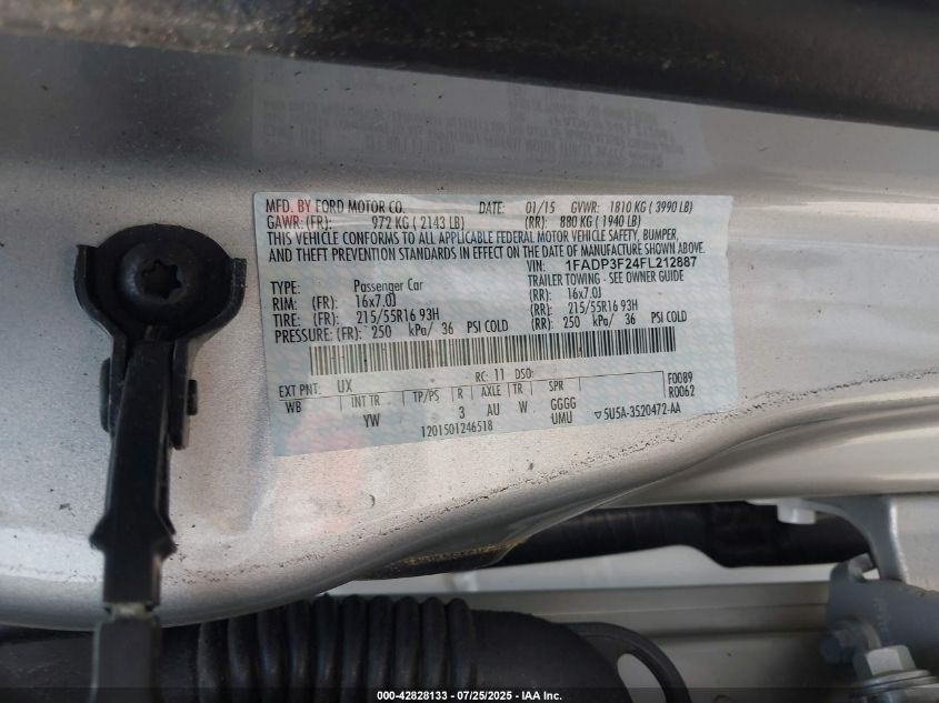 2015 Ford Focus Se VIN: 1FADP3F24FL212887 Lot: 42828133