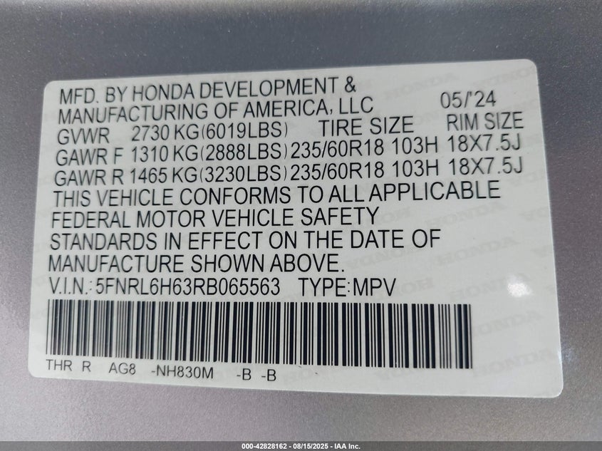 2024 Honda Odyssey Ex-L VIN: 5FNRL6H63RB065563 Lot: 42828162