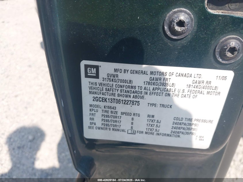 2006 Chevrolet Silverado 1500 Lt1 VIN: 2GCEK13T061227875 Lot: 42828184