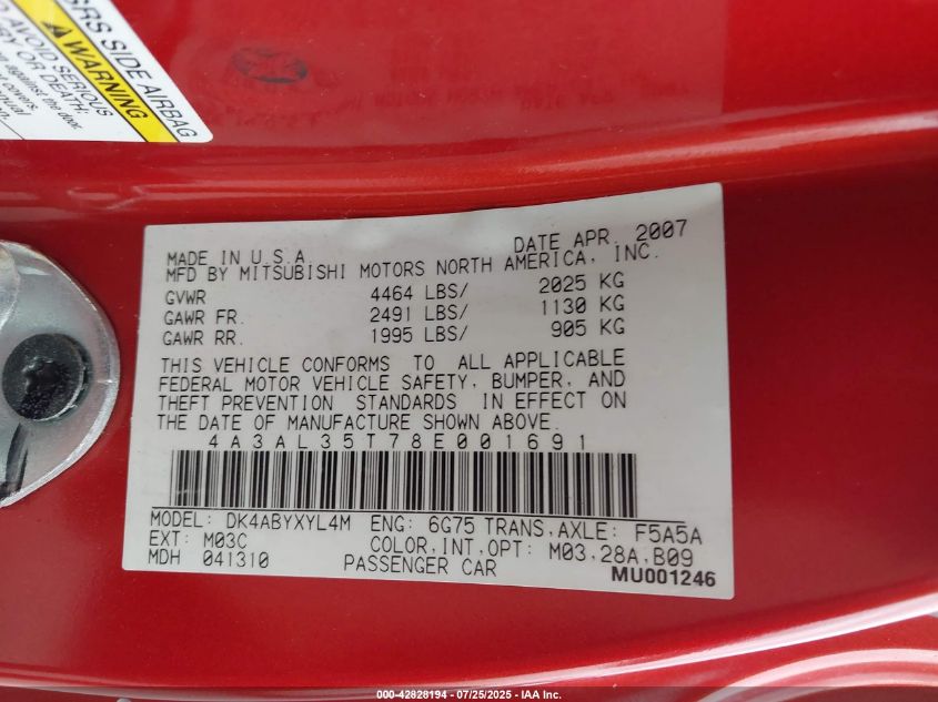 2008 Mitsubishi Eclipse Spyder Gt VIN: 4A3AL35T78E001691 Lot: 42828194