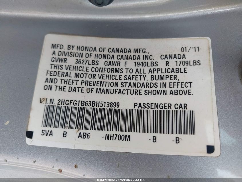 2011 Honda Civic Lx VIN: 2HGFG1B63BH513899 Lot: 42828255