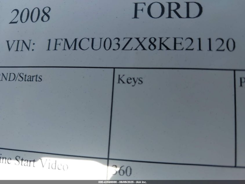 2008 Ford Escape Xlt VIN: 1FMCU03ZX8KE21120 Lot: 42828308
