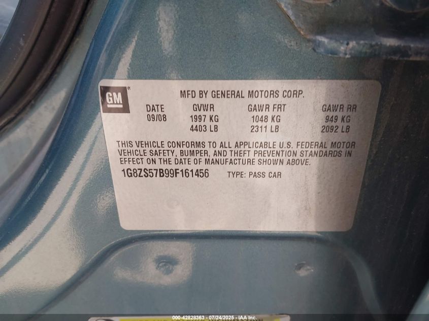 2009 Saturn Aura Xe VIN: 1G8ZS57B99F161456 Lot: 42828363