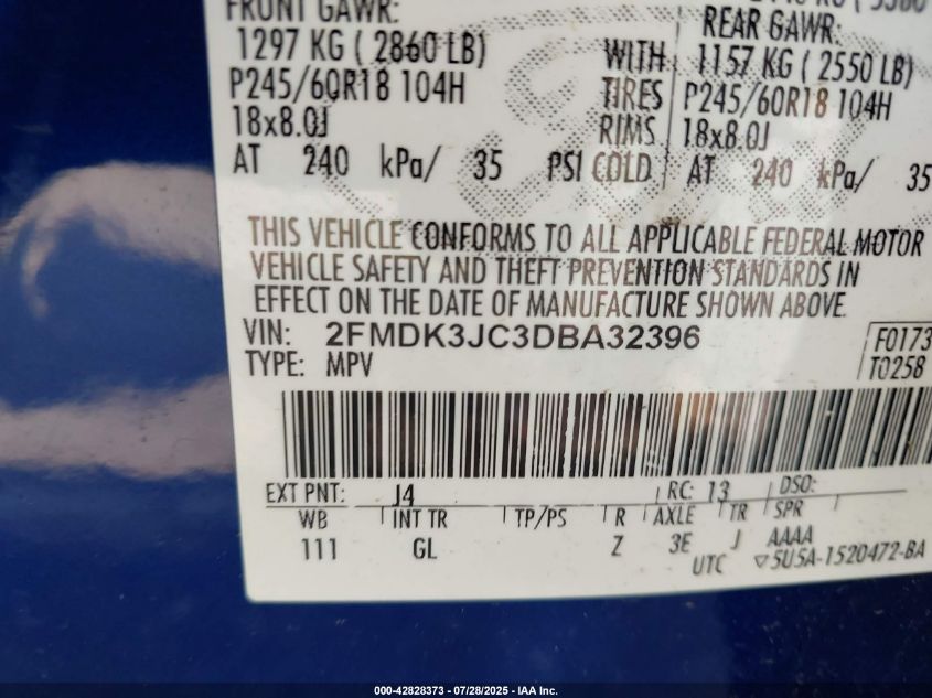 2013 Ford Edge Sel VIN: 2FMDK3JC3DBA32396 Lot: 42828373