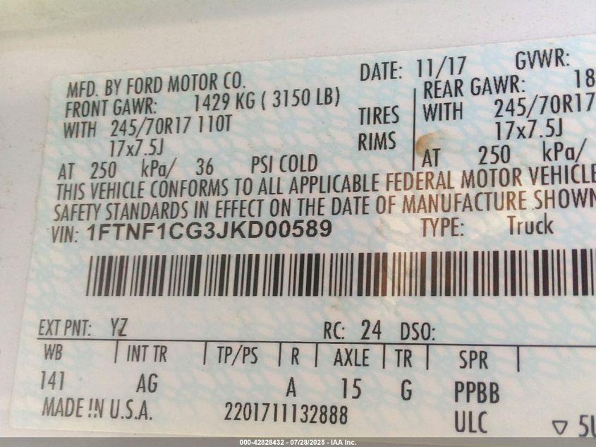 2018 Ford F-150 Xl VIN: 1FTNF1CG3JKD00589 Lot: 42828432