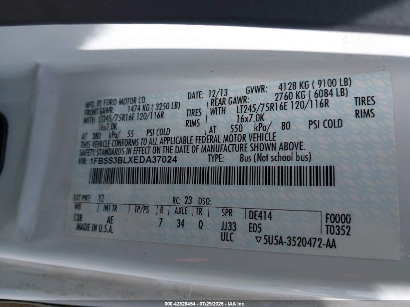 2014 Ford E-350 Super Duty Xl VIN: 1FBSS3BLXEDA37024 Lot: 42828454