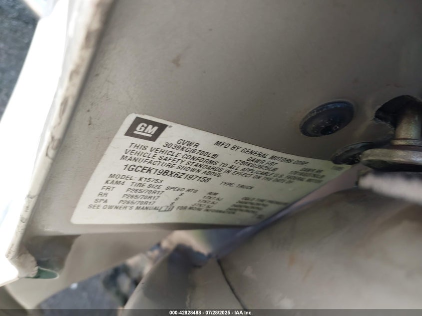 2006 Chevrolet Silverado K1500 VIN: 1GCEK19BX6Z197158 Lot: 42828488