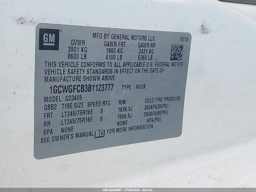 2011 Chevrolet Express 2500 Work Van VIN: 1GCWGFCB3B1123777 Lot: 42828587