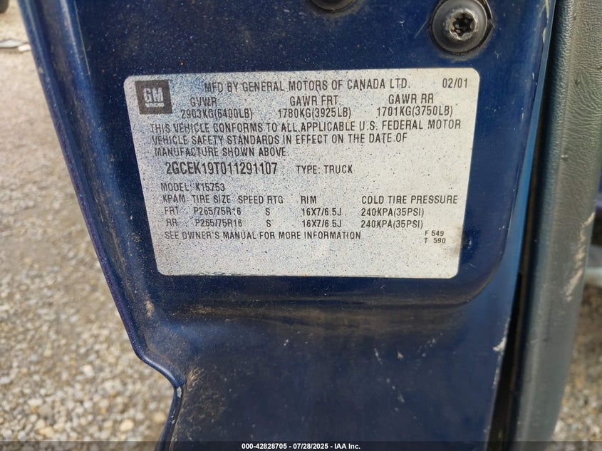 2001 Chevrolet Silverado 1500 Lt VIN: 2GCEK19T011291107 Lot: 42828705