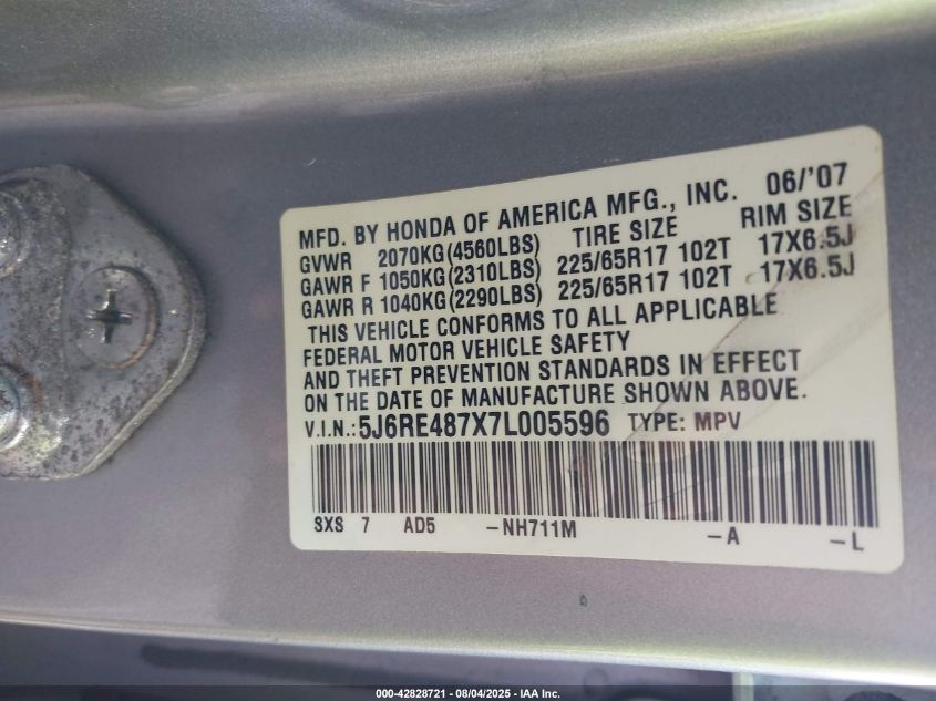 2007 Honda Cr-V Ex-L VIN: 5J6RE487X7L005596 Lot: 42828721