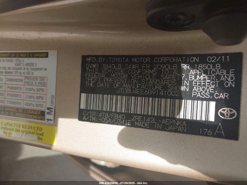 2011 Toyota Corolla Le VIN: JTDBU4EE6B9141002 Lot: 42828850