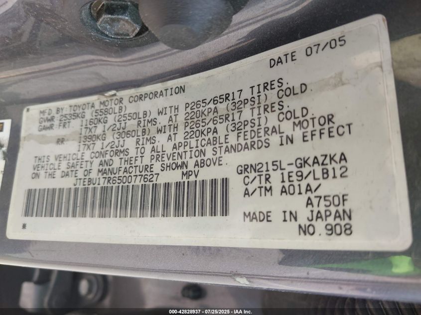 2005 Toyota 4Runner Limited V6 VIN: JTEBU17R650077627 Lot: 42828937