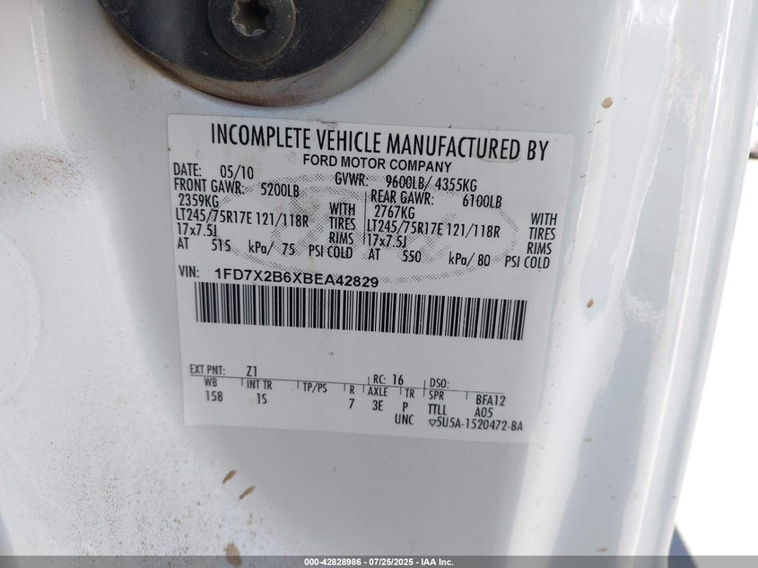 2011 Ford F-250 Xl VIN: 1FD7X2B6XBEA42829 Lot: 42828986