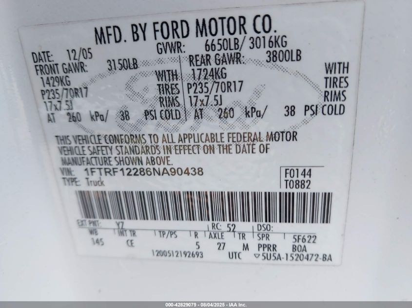 2006 Ford F-150 Stx/Xl/Xlt VIN: 1FTRF12286NA90438 Lot: 42829079