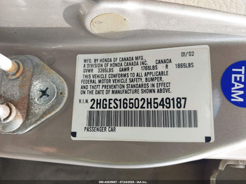 2002 Honda Civic Lx VIN: 2HGES16502H549187 Lot: 42829087